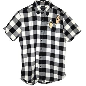 Beetlejuice Mens Halloween Buffalo Plaid Embroideref Button Shirt Costume Small